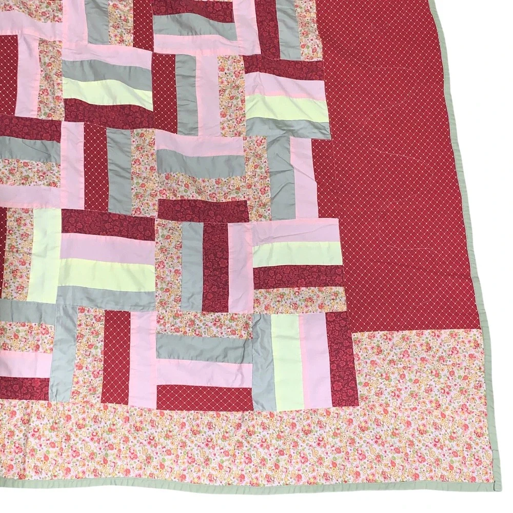 Handmade Patchwork Quilt Red Pink Floral Geometric‎ 57x75 Cottagecore